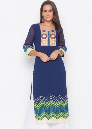 Blue Straight Cut Readymade Printed Border Long Kurta