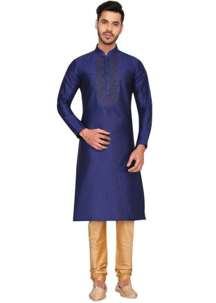 Blue Dupion Silk Embroidered Kurta With Churidar