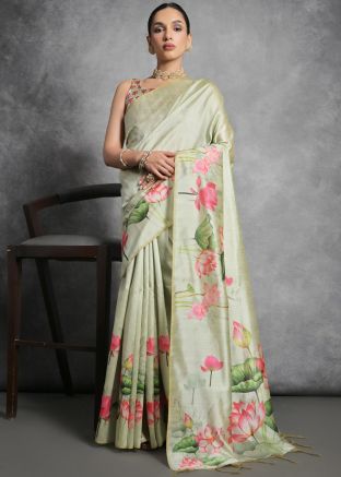 Pastel Green Printed Tussar Silk Saree