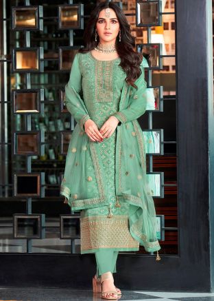 Seafoam Green Jacquard Pant Suit In Dori Embroider