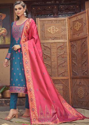 Blue Zari Woven Suit Set In Banarasi Silk