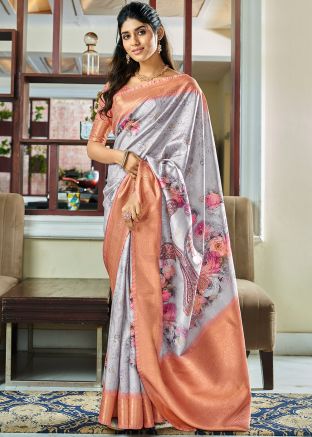 Grey Art Silk Saree In Floral Print