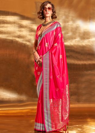 Pink Zari Woven Work Silk Saree