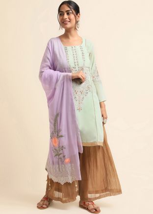 Green Embroidered Sharara Suit Set In Georgette