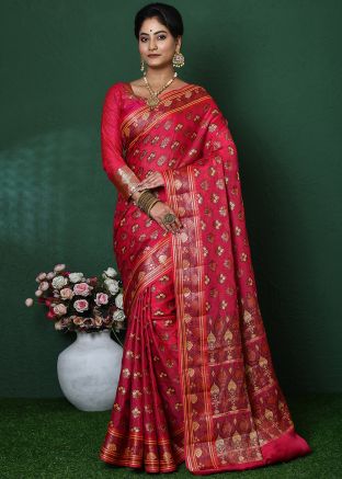 Pink Zari Woven Saree In Art Silk