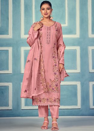 Pink Embroidered Suit Set In Organza