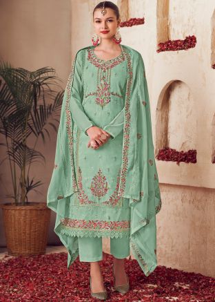 Green Straight Cut Pant Suit Set In Organza