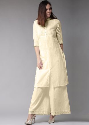 Cream Readymade Cotton Slit Style Long Kurta