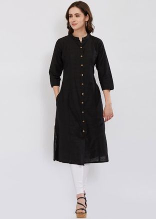 Black Readymade Rayon Buttoned Up Long Kurta