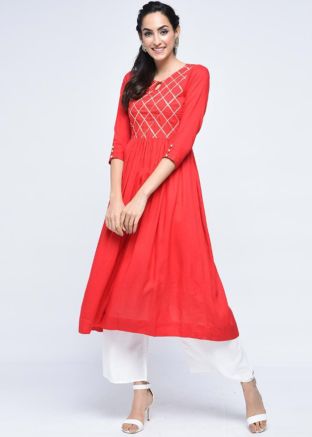 Red Gota Patti Embellished Readymade Long Kurta