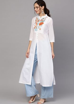 White Embroidered Front Slit Style Long Kurta