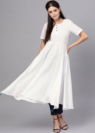 Readymade White Asymmetric Flared Long Kurta