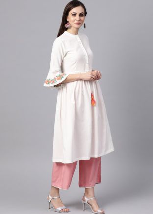 White Readymade Bell Sleeved Flared Long Kurta