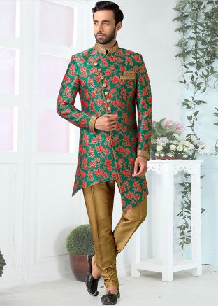 Asymmetric Green Printed Readymade Sherwani & Pant