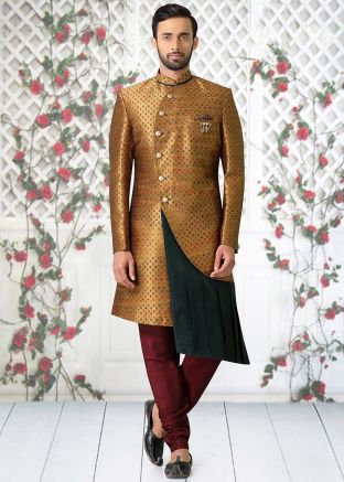 Brown Readymade Sherwani With Silk Churidar