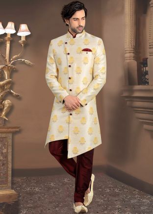 Printed White Readymade Sherwani With Churidar