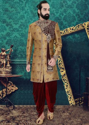 Readymade Golden Grooms Dhoti With Silk Sherwani