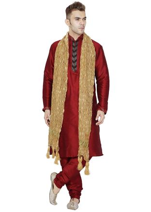 Maroon Dupion Silk Readymade Kurta Churidar Set