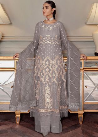 Grey Embroidered Net Palazzo Suit