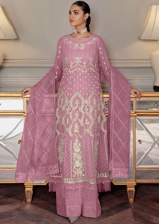 Pink Net Palazzo Suit In Dori Embroidery