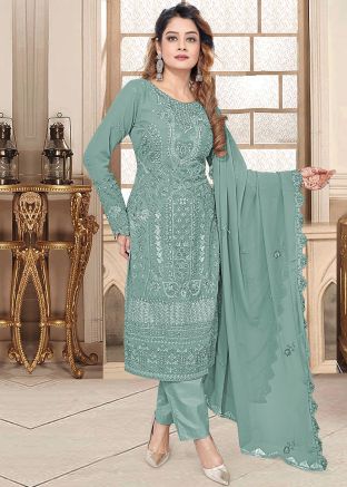 Cadet Blue Embroidered Pant Suit In Georgette