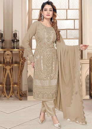 Beige Resham Work Georgette Pant Suit
