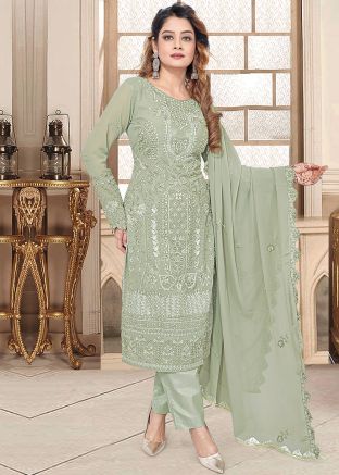 Green Georgette Pant Suit In Resham Work