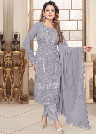 Grey Resham Work Georgette Pant Suit Set