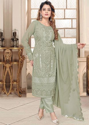 Green Georgette Pant Suit In Resham Embroidery