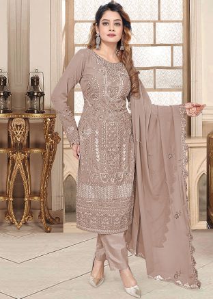 Brown Georgette Pant Suit In Resham Embroidery