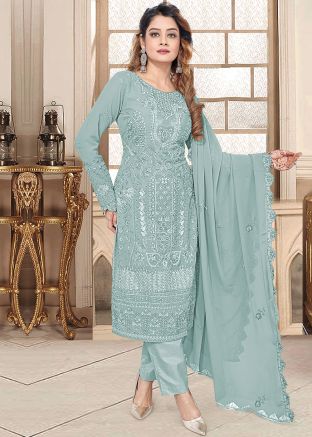 Blue Georgette Pant Suit In Resham Embroidery