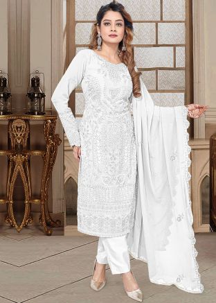 White Georgette Resham Embroidery Pant Suit