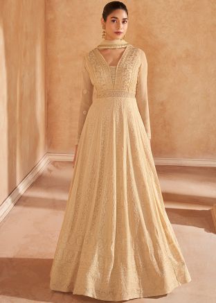 Beige Readymade Chikankari Embroidered Abaya Suit