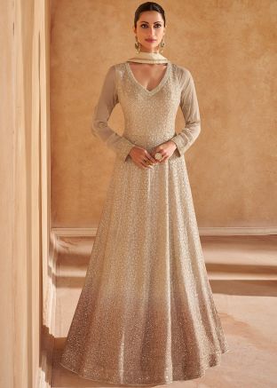 Beige Chikankari Embroidered Readymade Abaya Suit