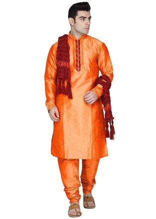 Orange Dupion Silk Readymade Kurta With Churidar