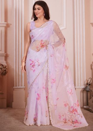 Purple Digital Printed Saree In Organza