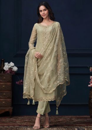 Green Embroidered Salwar Suit In Organza