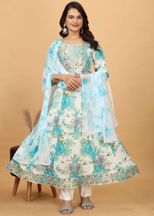 Blue Floral Print Anarkali Salwar Suit Set
