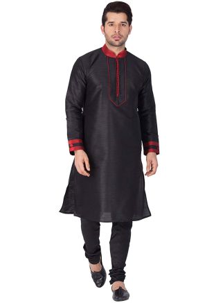 Black Readymade Dupion Silk Kurta With Churidar