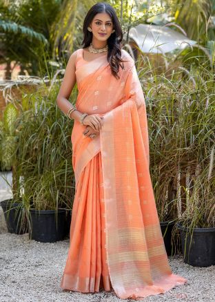 Orange Zari Woven Saree In Cotton
