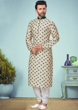 Cream Printed Readymade Kurta Pyjama In Rayon