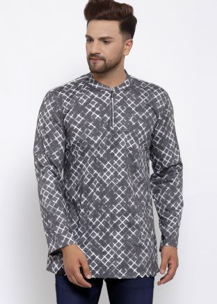 Grey Printed Readymade Cotton Short Kurta