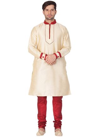 Cream Straight Cut Dupion Silk Kurta With Churidar
