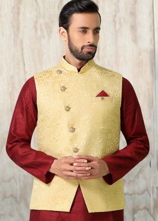 Beige Readymade Woven Nehru Jacket