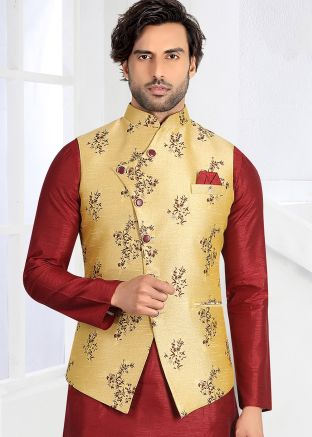 Gold Asymmetric Readymade Brocade Nehru Jacket