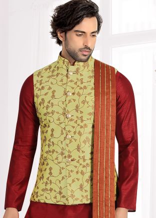 Green Printed Readymade Brocade Nehru Jacket