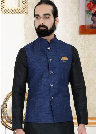 Blue Embroidered Silk Readymade Nehru Jacket