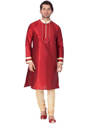 Readymade Red Dupion Silk Kurta Churidar Set