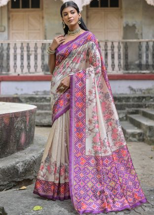 Cream & Purple Floral Printed Tussar Silk Saree