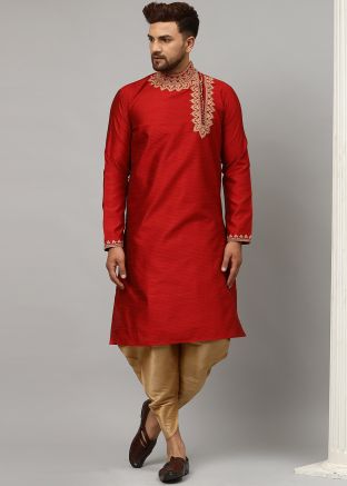 Embroidered Maroon Readymade Dhoti Kurta For Men